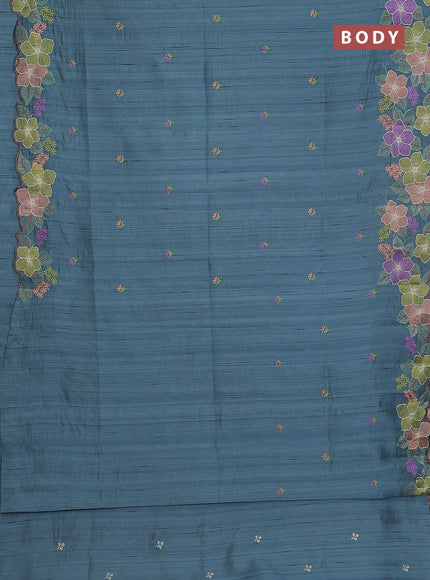 Semi raw silk saree pastel blue with embroidery buttas and floral embroidery border