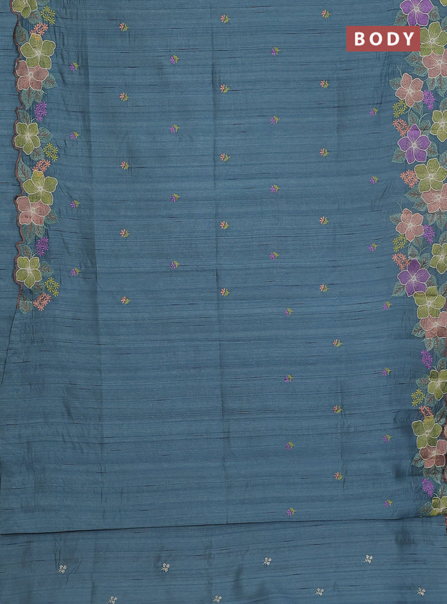 Semi raw silk saree pastel blue with embroidery buttas and floral embroidery border