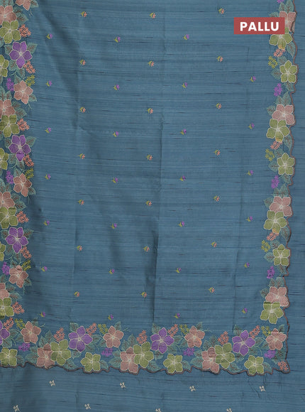 Semi raw silk saree pastel blue with embroidery buttas and floral embroidery border