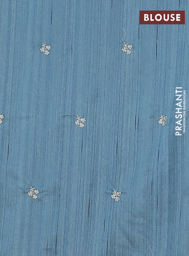 Semi raw silk saree pastel blue with embroidery buttas and floral embroidery border