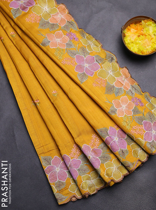 Semi raw silk saree mustard yellow with embroidery buttas and floral embroidery border