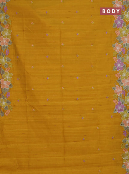 Semi raw silk saree mustard yellow with embroidery buttas and floral embroidery border