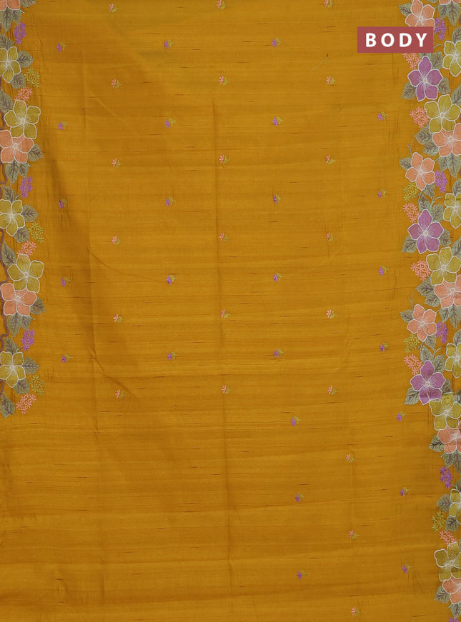 Semi raw silk saree mustard yellow with embroidery buttas and floral embroidery border