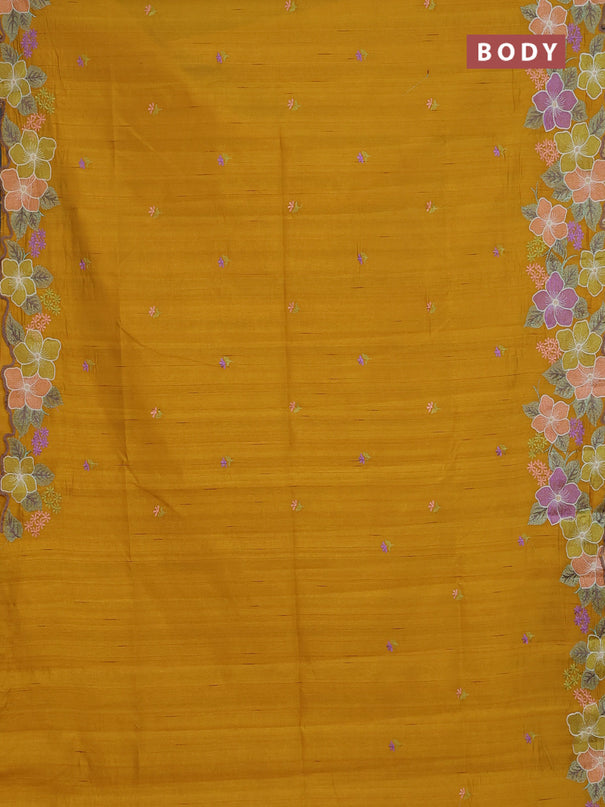 Semi raw silk saree mustard yellow with embroidery buttas and floral embroidery border