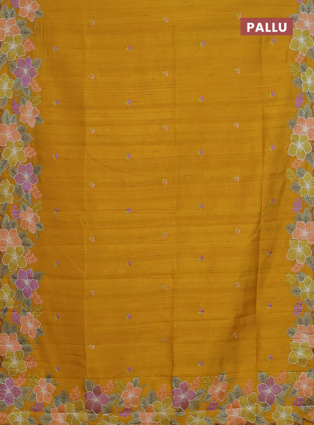 Semi raw silk saree mustard yellow with embroidery buttas and floral embroidery border