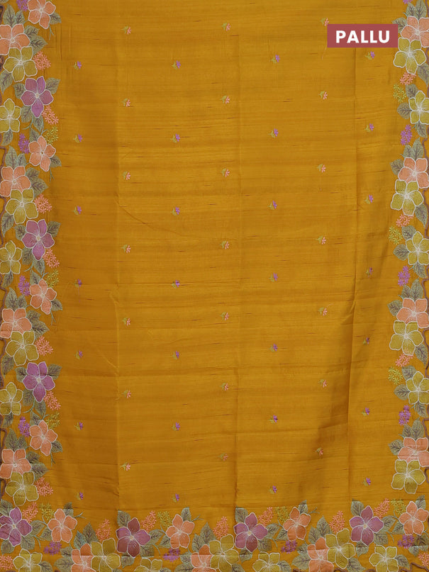 Semi raw silk saree mustard yellow with embroidery buttas and floral embroidery border