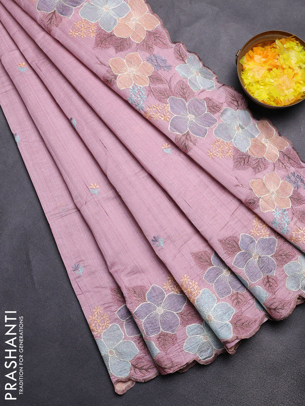 Semi raw silk saree pastel pink with embroidery buttas and floral embroidery border