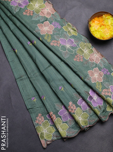 Semi raw silk saree green with embroidery buttas and floral embroidery border