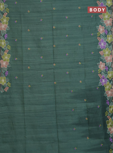 Semi raw silk saree green with embroidery buttas and floral embroidery border