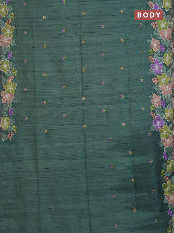 Semi raw silk saree green with embroidery buttas and floral embroidery border