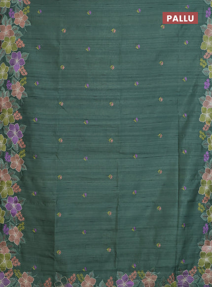 Semi raw silk saree green with embroidery buttas and floral embroidery border