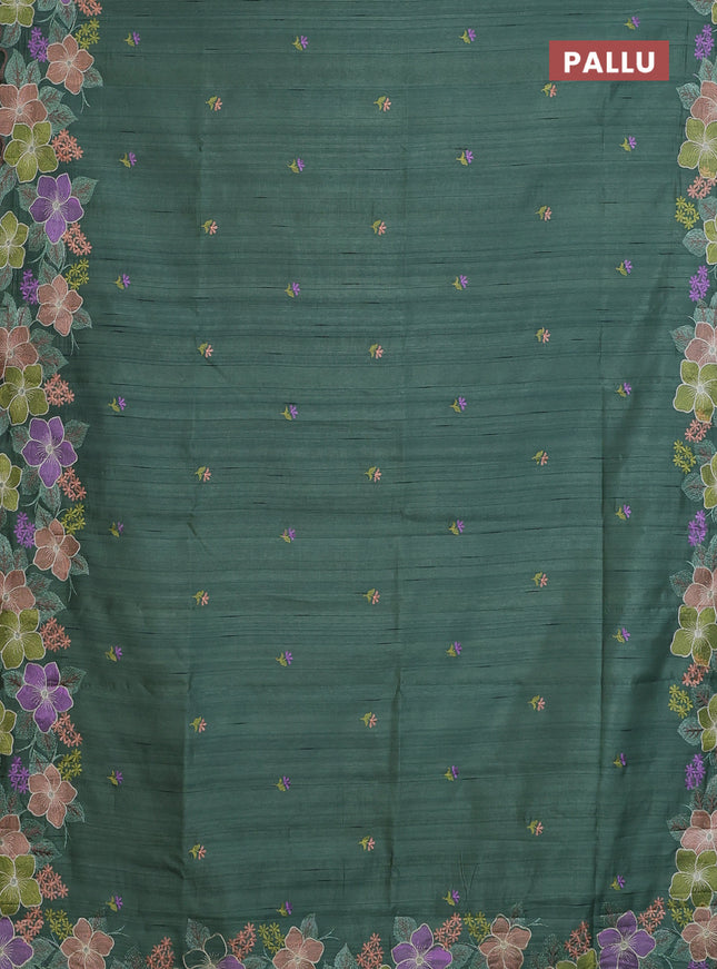 Semi raw silk saree green with embroidery buttas and floral embroidery border