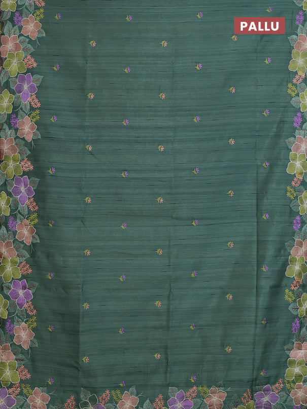 Semi raw silk saree green with embroidery buttas and floral embroidery border