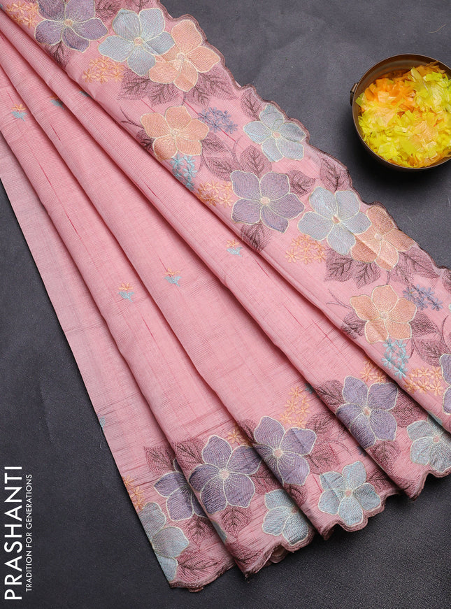 Semi raw silk saree mild peach with embroidery buttas and floral embroidery border