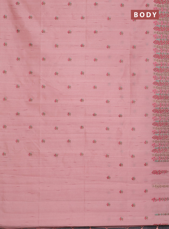 Semi raw silk saree mild peach with embroidery buttas and floral embroidery border