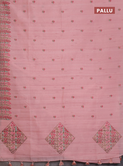 Semi raw silk saree mild peach with embroidery buttas and floral embroidery border