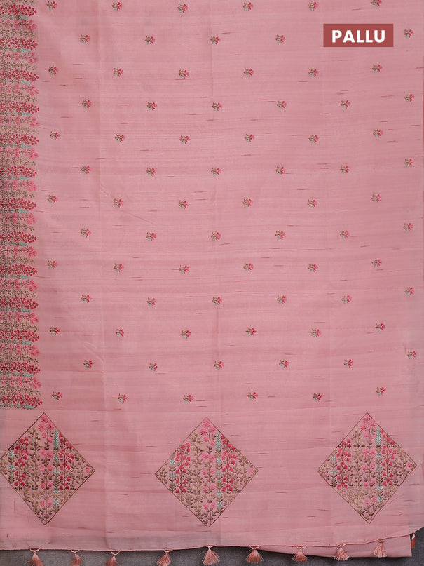 Semi raw silk saree mild peach with embroidery buttas and floral embroidery border