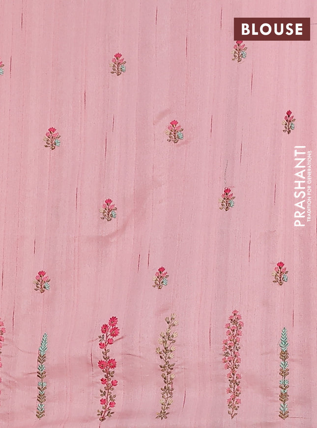 Semi raw silk saree mild peach with embroidery buttas and floral embroidery border