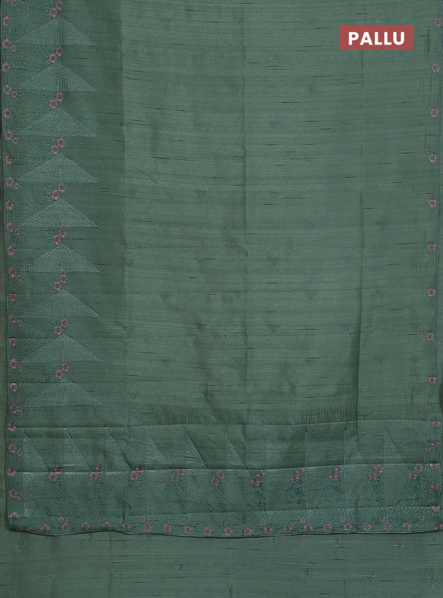 Semi raw silk saree green with embroidery buttas and long embroidery border