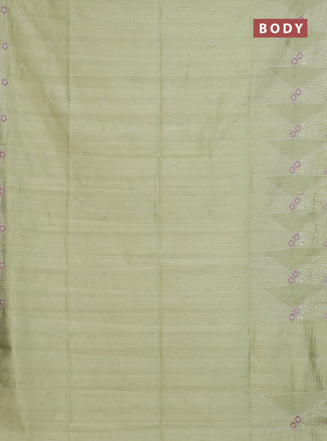 Semi raw silk saree pista green with embroidery buttas and long embroidery border