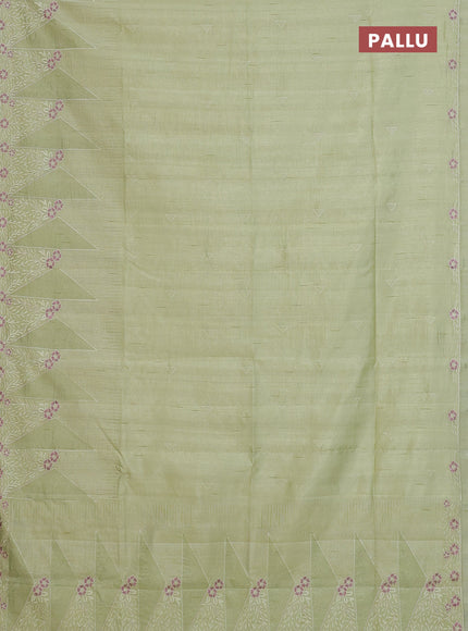 Semi raw silk saree pista green with embroidery buttas and long embroidery border