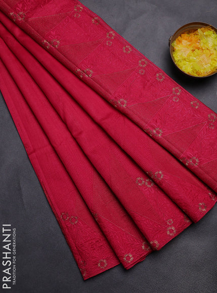 Semi raw silk saree dark pink with embroidery buttas and long embroidery border