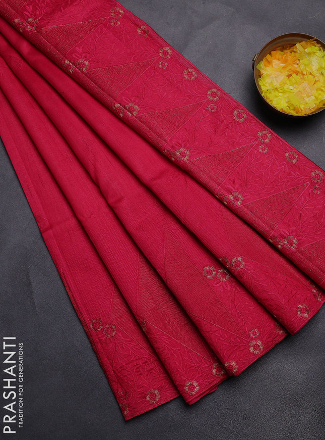 Semi raw silk saree dark pink with embroidery buttas and long embroidery border