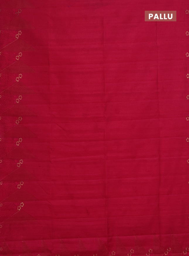 Semi raw silk saree dark pink with embroidery buttas and long embroidery border
