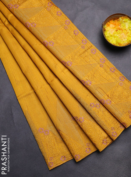 Semi raw silk saree mustard yellow with embroidery buttas and long embroidery border