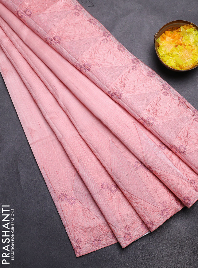 Semi raw silk saree peach shade with embroidery buttas and long embroidery border