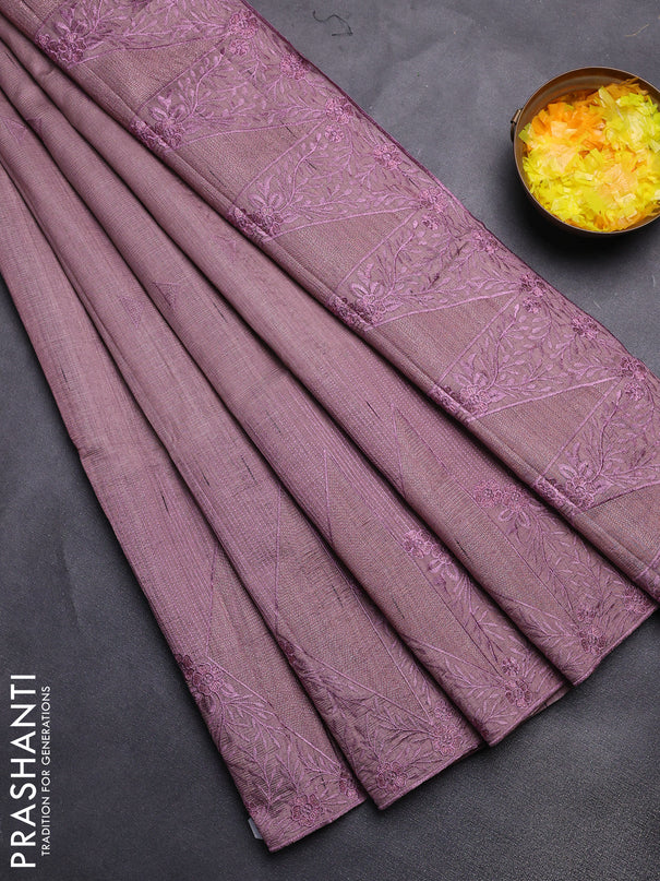 Semi raw silk saree pastel purple shade with embroidery buttas and long embroidery border
