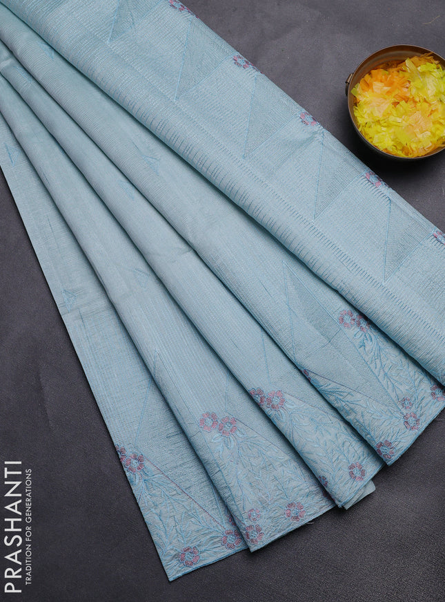 Semi raw silk saree pastel blue with embroidery buttas and long embroidery border