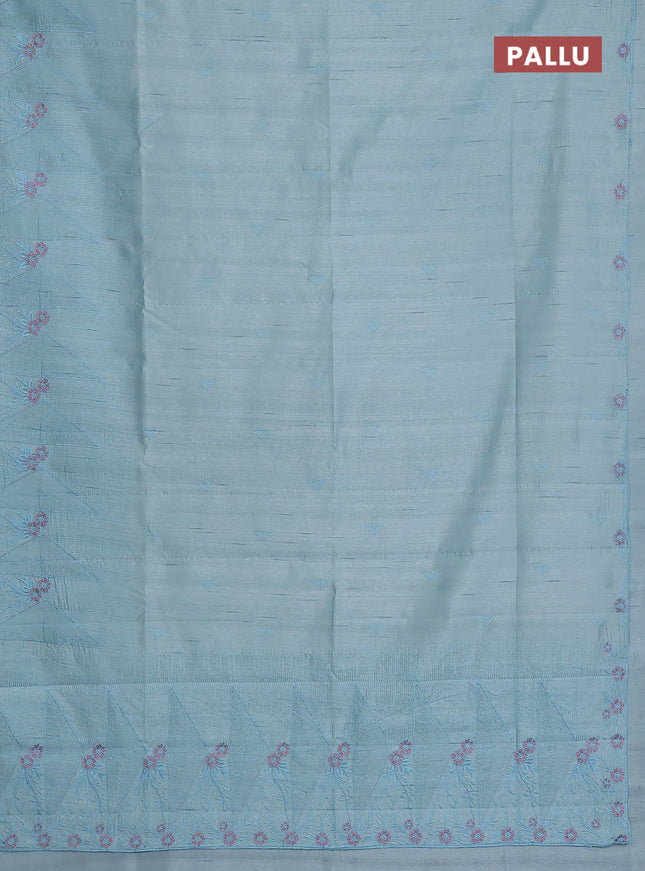 Semi raw silk saree pastel blue with embroidery buttas and long embroidery border
