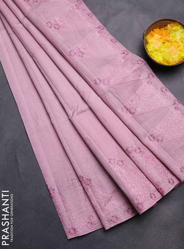 Semi raw silk saree pastel pink with embroidery buttas and long embroidery border