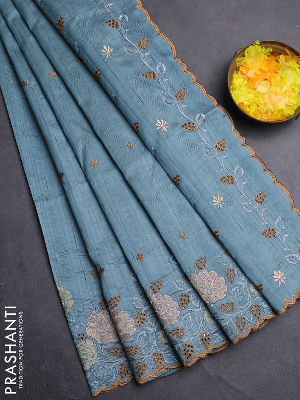 Semi raw silk saree pastel blue shade with embroidery buttas and floral embroidery cut work border