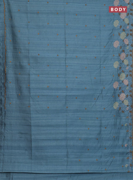 Semi raw silk saree pastel blue shade with embroidery buttas and floral embroidery cut work border