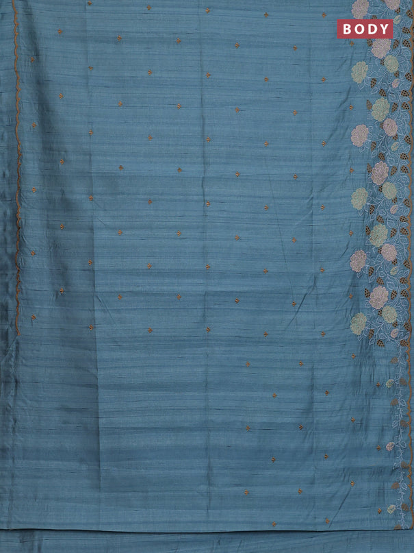 Semi raw silk saree pastel blue shade with embroidery buttas and floral embroidery cut work border