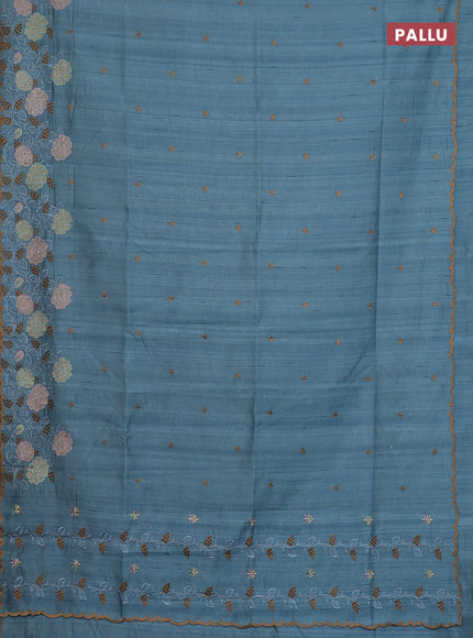 Semi raw silk saree pastel blue shade with embroidery buttas and floral embroidery cut work border
