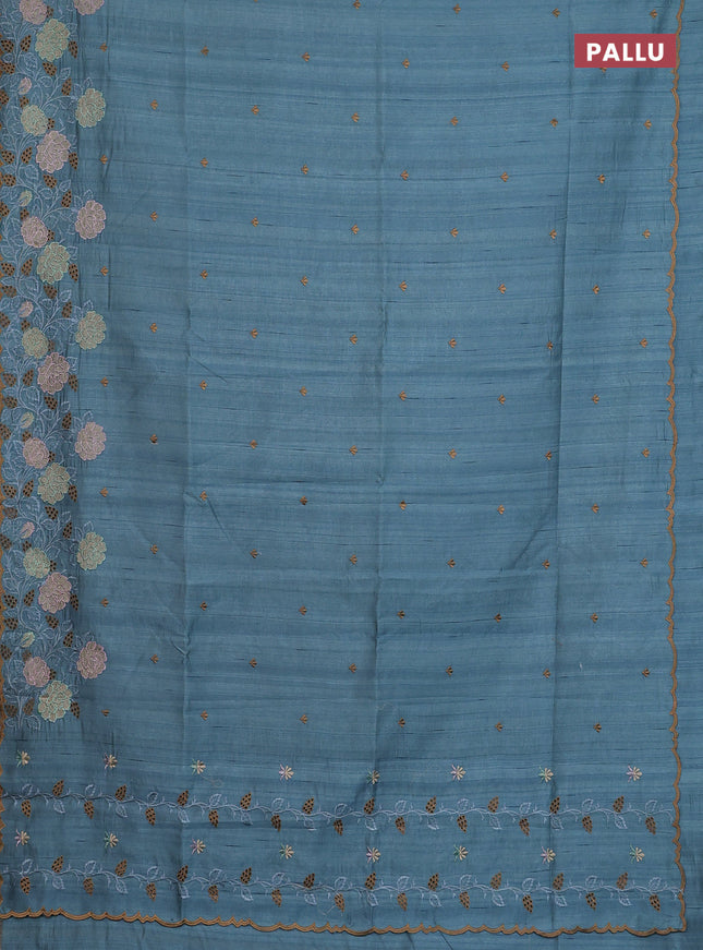Semi raw silk saree pastel blue shade with embroidery buttas and floral embroidery cut work border