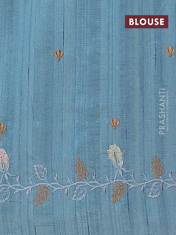 Semi raw silk saree pastel blue shade with embroidery buttas and floral embroidery cut work border