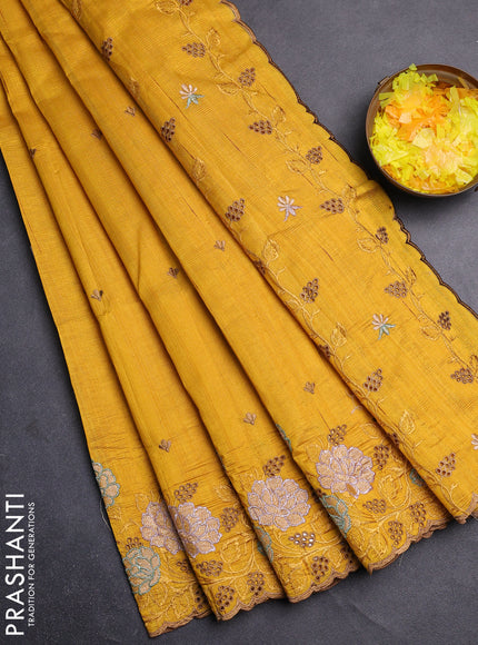 Semi raw silk saree mustard yellow with embroidery buttas and floral embroidery cut work border