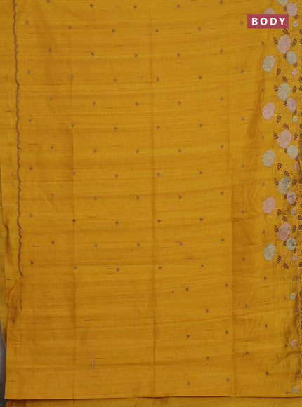 Semi raw silk saree mustard yellow with embroidery buttas and floral embroidery cut work border