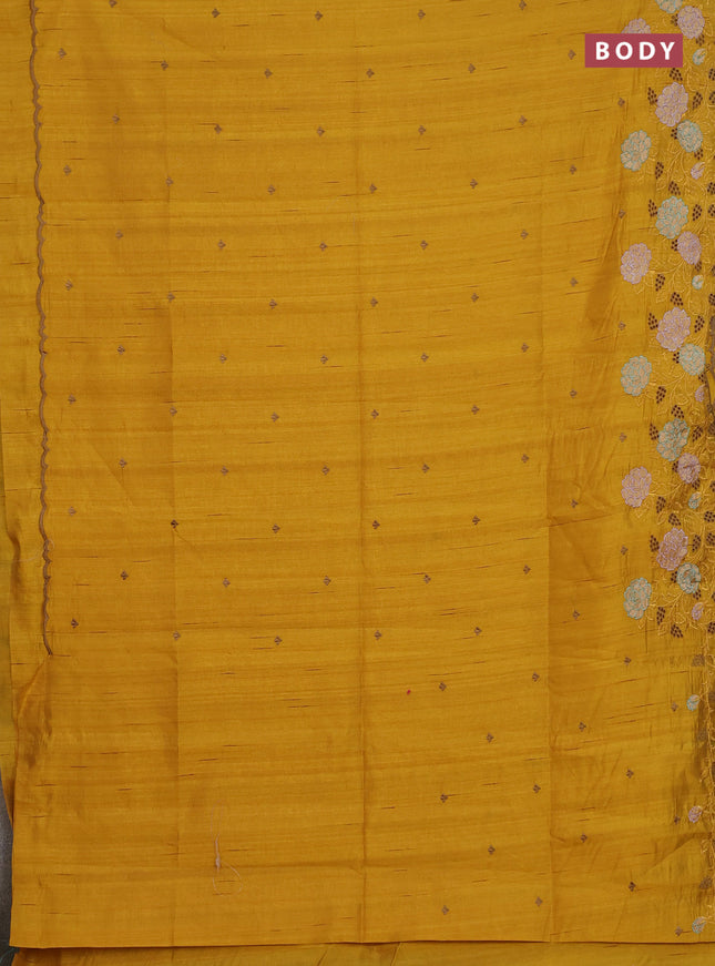 Semi raw silk saree mustard yellow with embroidery buttas and floral embroidery cut work border