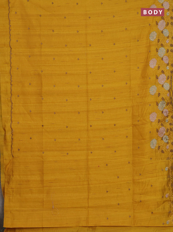 Semi raw silk saree mustard yellow with embroidery buttas and floral embroidery cut work border