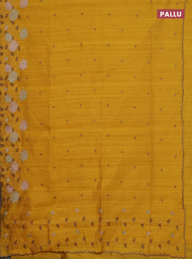 Semi raw silk saree mustard yellow with embroidery buttas and floral embroidery cut work border