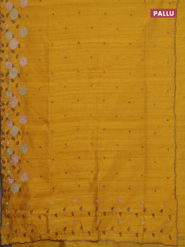 Semi raw silk saree mustard yellow with embroidery buttas and floral embroidery cut work border