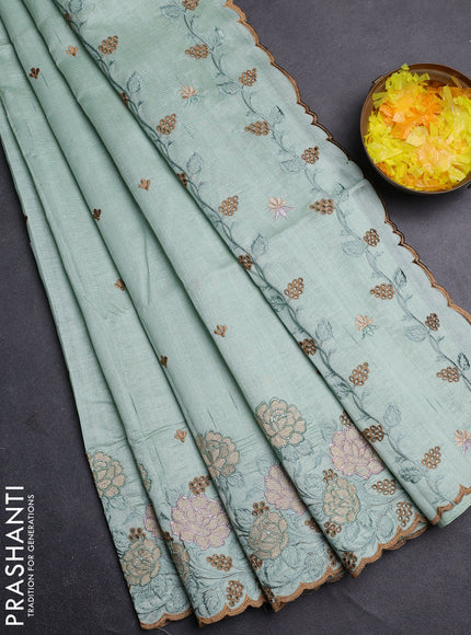 Semi raw silk saree pastel green with embroidery buttas and floral embroidery cut work border