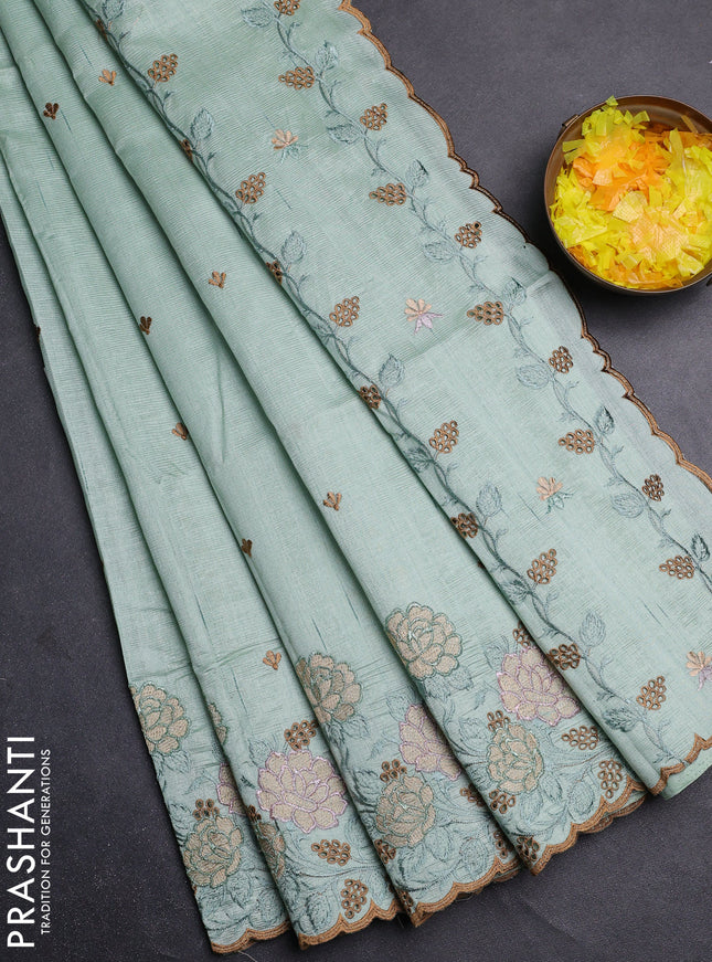 Semi raw silk saree pastel green with embroidery buttas and floral embroidery cut work border