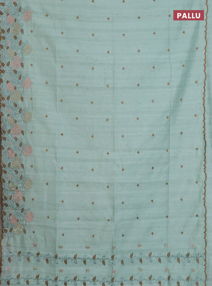 Semi raw silk saree pastel green with embroidery buttas and floral embroidery cut work border
