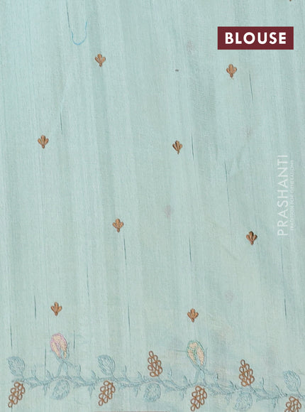 Semi raw silk saree pastel green with embroidery buttas and floral embroidery cut work border